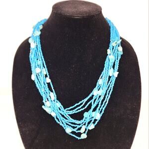 Vintage Blue Multi Strand Boho Necklace Bead & Stone Statement Necklace 10 inche